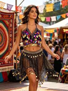 V Neck Multicolor Sequin Coin Halter Dance Crop Top Glitter Mesh Irregular Coin Tassel Dance Skirt Exotic Belly Dance Performance Outfit - Multicolor - View 12