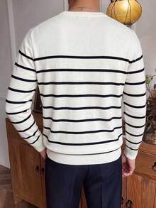 Men's Striped Crew Neck Long Sleeve Knit Base Layer, Casual Slim Fit Suitable For Daily Wear And Layering - White - View 4