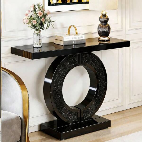 O Shaped Mirrored Console Table With Crystal Entryway Table For Living Room, Foyer, Hallway Entry Home Decor Black