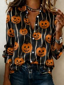 Women's Halloween Pumpkin Print Satin Shirt With Long Sleeve Contrast Lapel, Casual Button-Up Blouse For Fall Outfits - 萬聖節2 - 查看 1