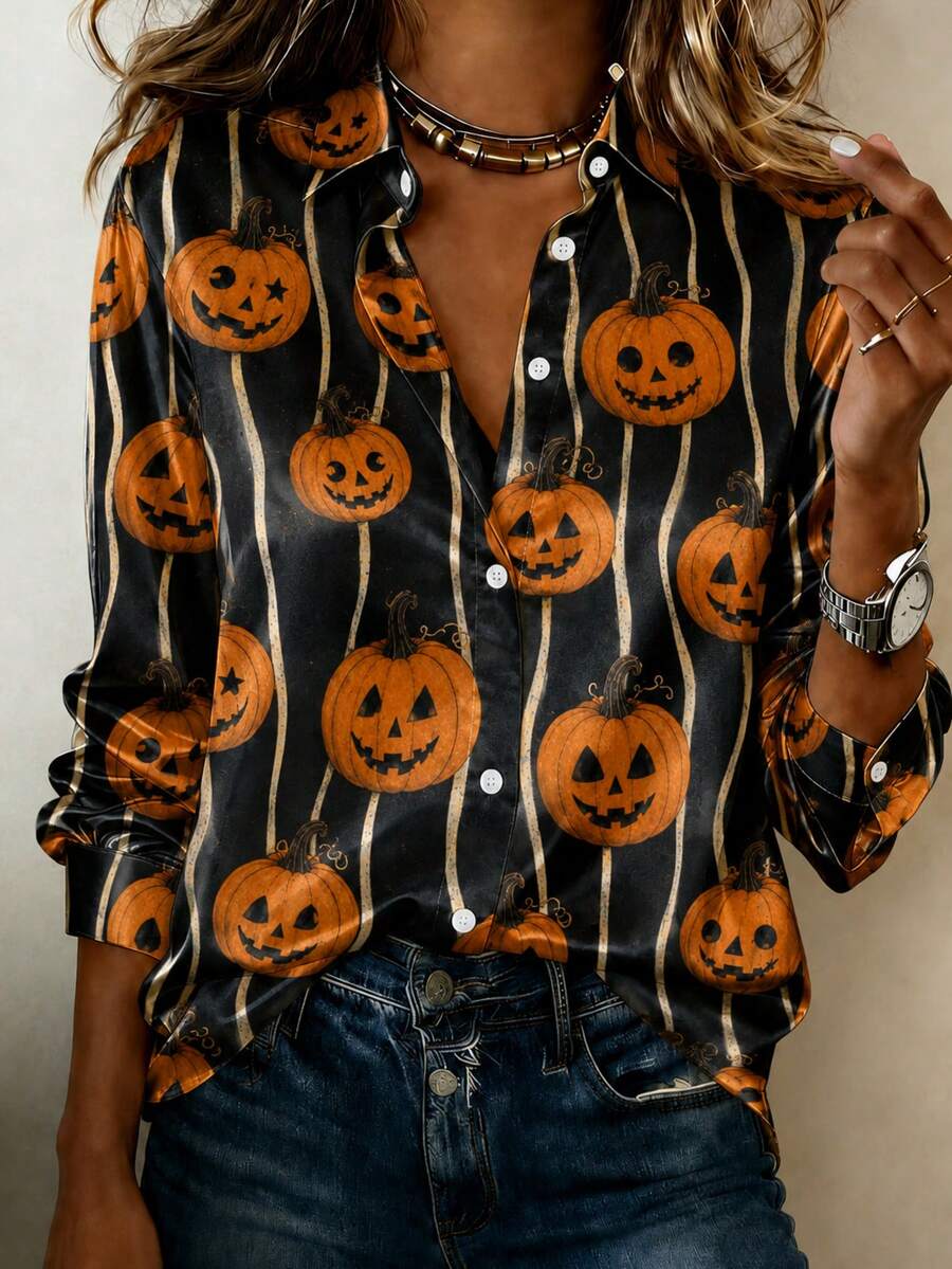 Women's Halloween Pumpkin Print Satin Shirt With Long Sleeve Contrast Lapel, Casual Button-Up Blouse For Fall Outfits - 萬聖節2 - 查看 1