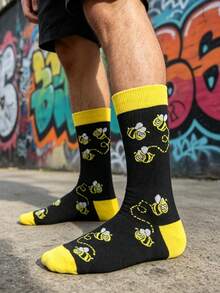 1 Pair Men's Black With Yellow Trim Cartoon Bee Pattern Mid-Calf Socks, Streetwear Style, Suitable For Daily Wear/Skateboarding/Holiday Gift - Multicolor - View 5