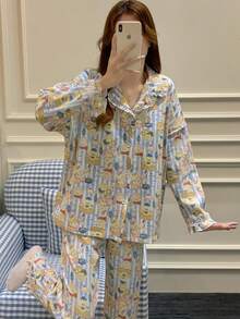 2pcs/Set Women's Pajamas Loungewear Set, Lapel Lace Patchwork Cute Pattern Print Cardigan Long Sleeve Pants, Easy Care Fabric - Multicolor - View 7
