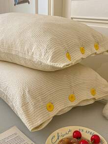 Cream Yellow Fine Striped Washed Jacquard Button Style 4-Piece Bedding Set, Contrast Yellow Button Decor, Breathable Soft All-Season Bedding Set Including 1 Duvet Cover, 1 Bed Sheet, 2 Pillowcases, No Filling, Suitable For Dorm, Bedroom, Home Use, Multiple Size Options - Champagne - View 12