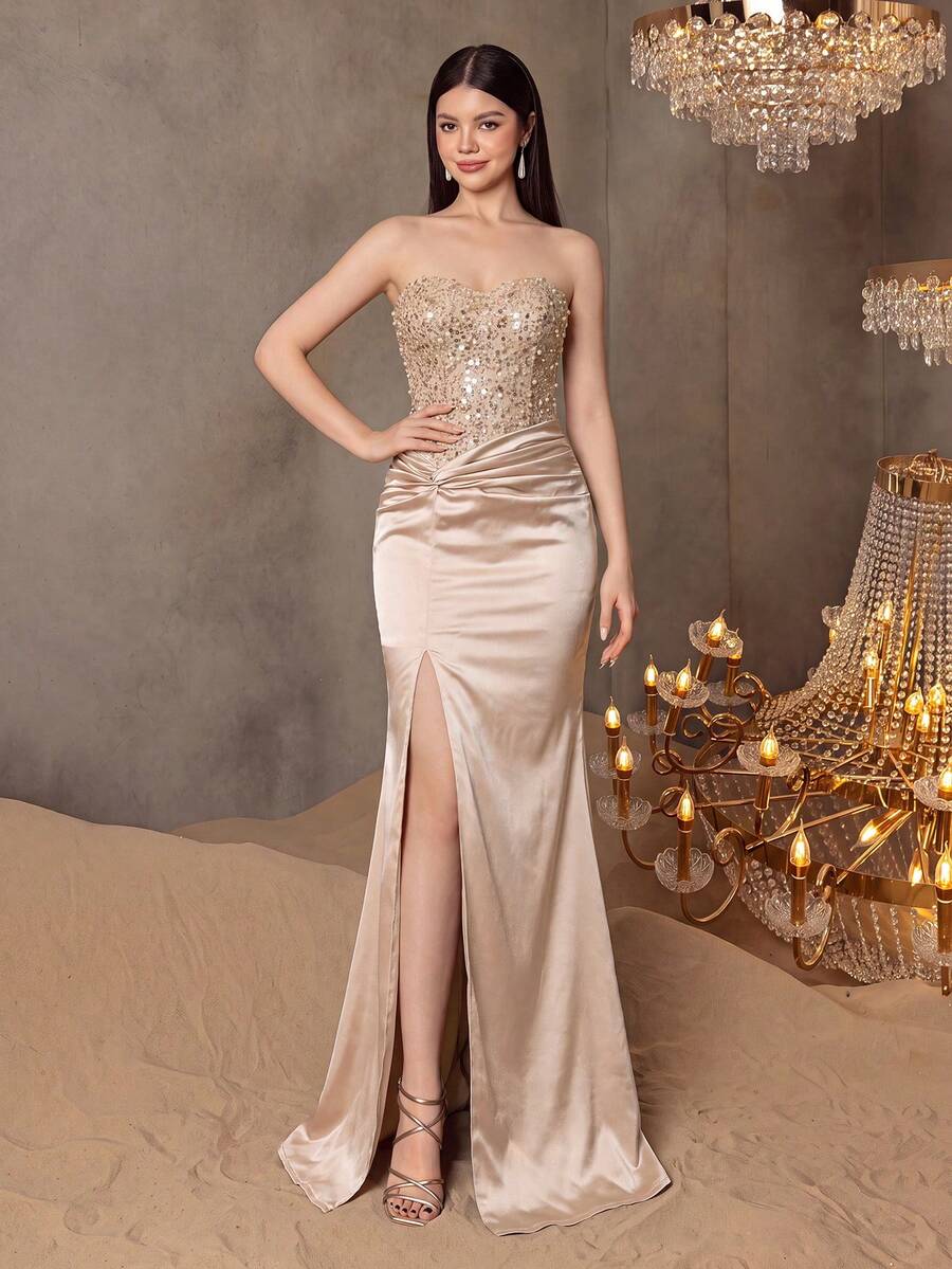 ALISA&LEO Teen Girl Patchwork Sequin Mermaid Party Dress, Twisted Waist Design, Front Slit - Champagne - View 1