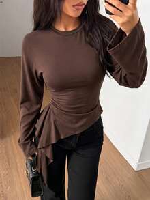 Women's Round Neck Long Sleeve T-Shirt, Asymmetrical Ruffle Side Tie Waist, Slim Fit, Cropped Top - Brown - View 1