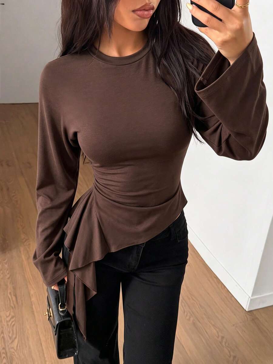 Women's Round Neck Long Sleeve T-Shirt, Asymmetrical Ruffle Side Tie Waist, Slim Fit, Cropped Top - Brown - View 1