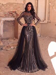 Elegant Long Sleeve High Neck Sequin Mermaid Evening Gown With Transparent Patchwork Design And Flowing Tulle Overlayer, Suitable For Photography, Formal Banquets, Red Carpet And Grand Events - Black - View 5