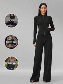 MFVIM Women's Versatile Yoga Set, Soft Skin-Friendly Fitted Jacket + Wide Leg Casual Versatile Pants - Premium Black - View 6