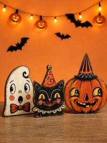 3pcs/1pc Vintage Wooden Halloween Tiered Tray Decor, Ghost Cat Pumpkin Desktop Ornament, Distressed Spooky Farmhouse Style Fireplace Window Sill Indoor Autumn Holiday Decoration - Multi-color - View 3