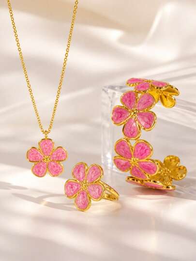 3/1 Peça Conjunto de Joias Estilo Romântico Francês com Flores em Aço Inoxidável Pulseira/Anel/Colar para Mulheres, Adequado para Encontros de Casais ou Presente de Feriado para Entes Queridos