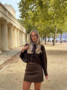 Vivid Style Brown Fuzzy Knit Cardigan Women Crewneck Button Up Crop Loose Sweater Drop Shoulder Long Sleeve Cozy Ribbed Knitted Jumper Coat - Coffee Brown - View 3