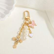 Fashionable Cross Faux Pearl Butterfly Heart Keychain Bag & Phone Pendant - Pink - View 1