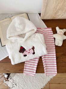 Baby Girl Plush Puppy Casual 2-Piece Set, Soft Coral Fleece Hooded Sweatshirt With Applique Bow Dachshund Puppy Design, Pink And White Vertical Ribbed Ribbed Elastic Waist Long Pants, Spring/Autumn Outdoor Outfit - Multicolor - View 7