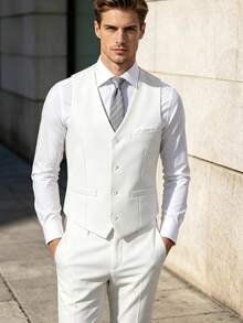 Men's Solid Color Slim Fit V-Neck Single-Breasted Vest, Suitable For Daily Office, Business, Wedding, Party - White - View 1