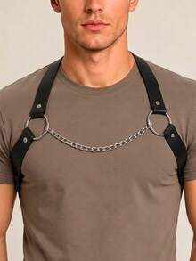 Men Punk Metal Chain Harness Adjustable PU Leather Chest Strap Body Bondage Top Y2K Streetwear Rave Festival Outfit Belt Exotic Accessory - Black - View 2