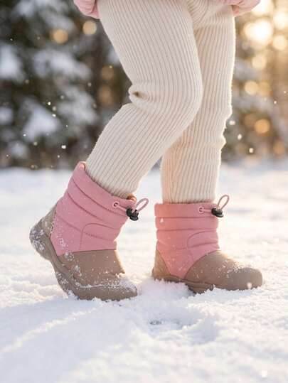 1 Pair Toddler Girls Pink Fashionable Cute Drawstring Design High-Top Soft Sole Thermal Lined Warm Comfortable Casual Snow Boots Suitable For Winter