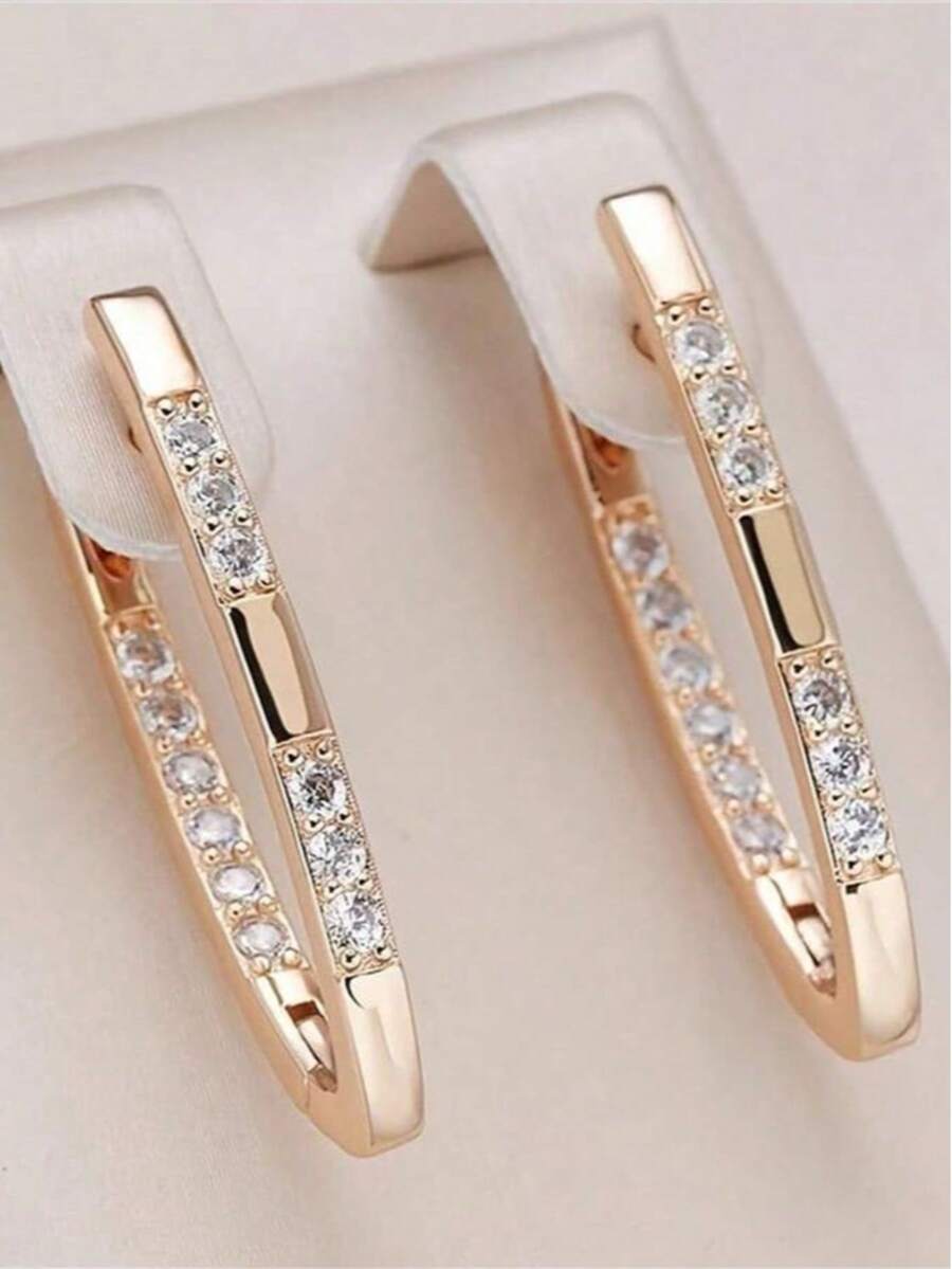 1 Pair Elegant Cubic Zirconia V-Shaped Champagne Gold Women Earrings - Luxurious Jewelry For Weddings, Parties, And Everyday Wear - Durable And Sparkling Accessories - Earrings - View 1