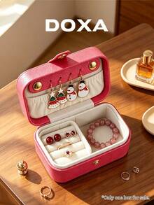 DOXA 玫瑰紅十字繡旅行珠寶收納盒，小型按扣式珠寶收納盒 - 玫紅色 - 查看 3
