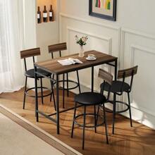 5-Piece Bar Table Set With 4 Chairs, Industrial Design, For Kitchen, Dining Room, Wood, Steel, Brown - 棕色 - 查看 2