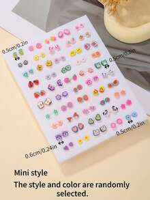 50 Pairs Mixed Color Cartoon Rhinestone Star, Music Note, Bow, Heart Plastic Stud Earrings Set, Suitable For Girls Birthday Party Or Gift - Multicolor - View 5