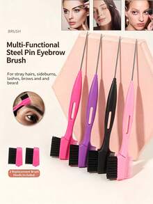 Detachable & Replaceable Edge Control Double-Sided Brow Brush With Steel Pointed Tail, Multi-Function Hair Styling Tool For Smoothing Flyaways, Trimming Sideburns, Hairline And Eyebrow Grooming, Washable & Replaceable Brush Head - Multicolor - View 2
