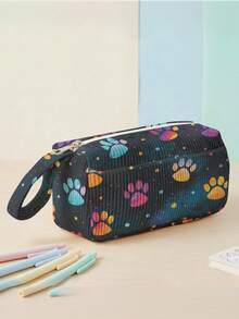 1pc Animal Paw Prints Corduroy Foldable Pencil Case With Side Pocket & Handle, Multi-Use Bag For Start Of School & Travel Essentials,School Supplies - Multicolor - View 3