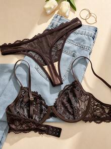 Lilivine 1set Women's Solid Color Lace Underwired Bra & Panty Set - Chocolate Brown - View 3