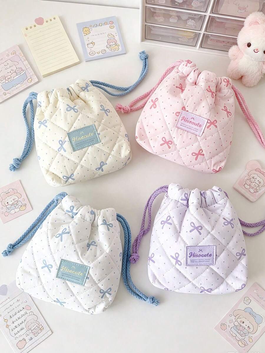 Cute Bow Print Drawstring Storage Bag, Soft Quilted Makeup Bag, Portable Cosmetic Organizer, Mini Camera Storage Pouch, Suitable For Daily Travel, Toiletries And Miscellaneous Items - Multicolor - View 1