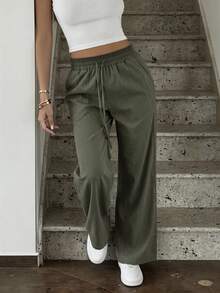 女款夏秋基礎款純色抽繩亞麻風寬腿長褲 寬鬆休閒款 適合返校、辦公室、居家與日常穿著 - 軍綠色 - 查看 10