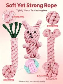 Pink Cotton Rope Dog Chew Toy Set, Durable Bite-Resistant Teething Toys, Interactive Knotted Rope Bone Rabbit Carrot Ball Toys, Suitable For Small And Medium Puppies Teeth Cleaning - Multicolor - View 9