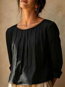 Women's Elegant Pleated Long Sleeve Blouse, Regular Fit Solid Color Top, Suitable For Spring And Autumn Wear, Vintage Style Regular Hem Top - Black - View 2