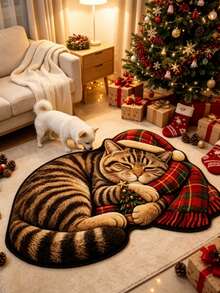1pc Plaid Christmas Hat Tassel Sleeping Tabby Cat Decorative Rug, Living Room Carpet, Bedside Plush Rug, Autumn/Winter Rug, Thick Rug, Large Living Room Carpet, Bedroom Rug, Living Room Home Decor, Outdoor Rug, Washable Rug - Multicolor - View 3