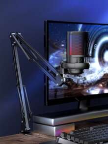 1 pieza Soporte de brazo de boom de micrófono condensador RGB con conector USB, adecuado para videoconferencias, canto, grabación en vivo - Blanco - Ver 2