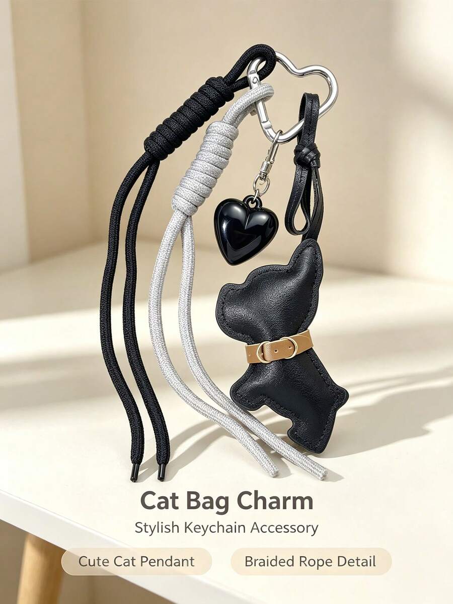 Vintage PU Dog Keychain, Cute Bag Charm, Braided Tassel & Glossy Heart Pendant, Metal Carabiner, Aesthetic Retro Bags Accessory For Dog Lovers - Multicolor - View 1