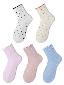 ZUJO 5 Pairs Women's Cherry Color Mid-Calf Socks, Polka Dot Pattern, Suitable For Daily Wear, Simple And Comfortable, Random Color - Multicolor - View 7