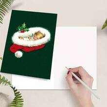 1 Greeting Card + 1 Envelope Adorable Christmas Greeting Card, Sleeping Figure In Hat With Holly Text Season Greetings, Perfect For Friends, Winter Holiday Vintage Style Card. - Yellow Envelope - View 5