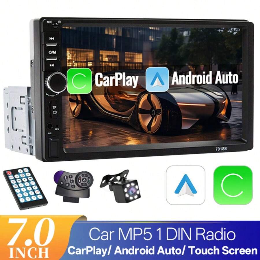 1 DIN 7 Inch Car Radio Multimedia Player With CarPlay, Android Auto, Touchscreen, FM, AUX, Mirroring Link - 帶方向盤控制器和後視攝像頭 - 查看 1