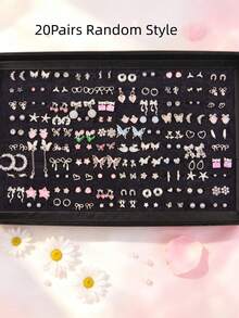 12/20 Pairs Exquisite Silver Stud Earrings Set, Bow & Heart Mixed Design, Y2K Aesthetic Pierced Earrings, Jewelry Gift For Women, Teen Girls - Sweet Butterfly Flower Stud Earrings - View 12