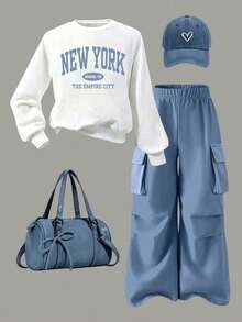 Young Girl Letter Print Warm Crew Neck Sweatshirt And Cargo Pants - White - View 2