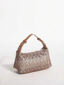 Bolso de hombro tejido con espiga vintage, bolso de mano retro de tela a rayas con correa ajustable de cuero sintético, bolso de hombro pequeño ligero y casual para uso diario, viajes, compras y citas - Marrón - Ver 7