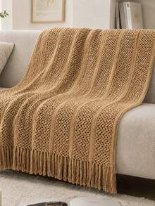 Comfortable Knitted Tassel Throw Blanket - Soft, Lightweight, Ideal For Sofa, Bed And Travel - Beige And Cream Farmhouse Style - Khaki - View 4
