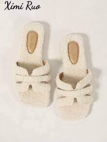 Ximi Ruo Women's Solid Color Flat Fuzzy Slippers, Casual Vacation Beach Home Slippers, Outdoor Wear, Autumn/Winter Warm Slippers, Simple Fashion Fuzzy Slippers, Slouchy Slip-On Women's Shoes, Soft Fuzzy Lining, Daily Commute Outfit, Indoor Home Outdoor Street Wear, Versatile Soft Lightweight Women's Slippers, Autumn/Winter Warm Gentle Style Women's Slippers, Comfortable Flat Casual Travel Outfit Shoes, Slouchy Home Outdoor Dual-Use Fleece Slippers - Beige - View 1