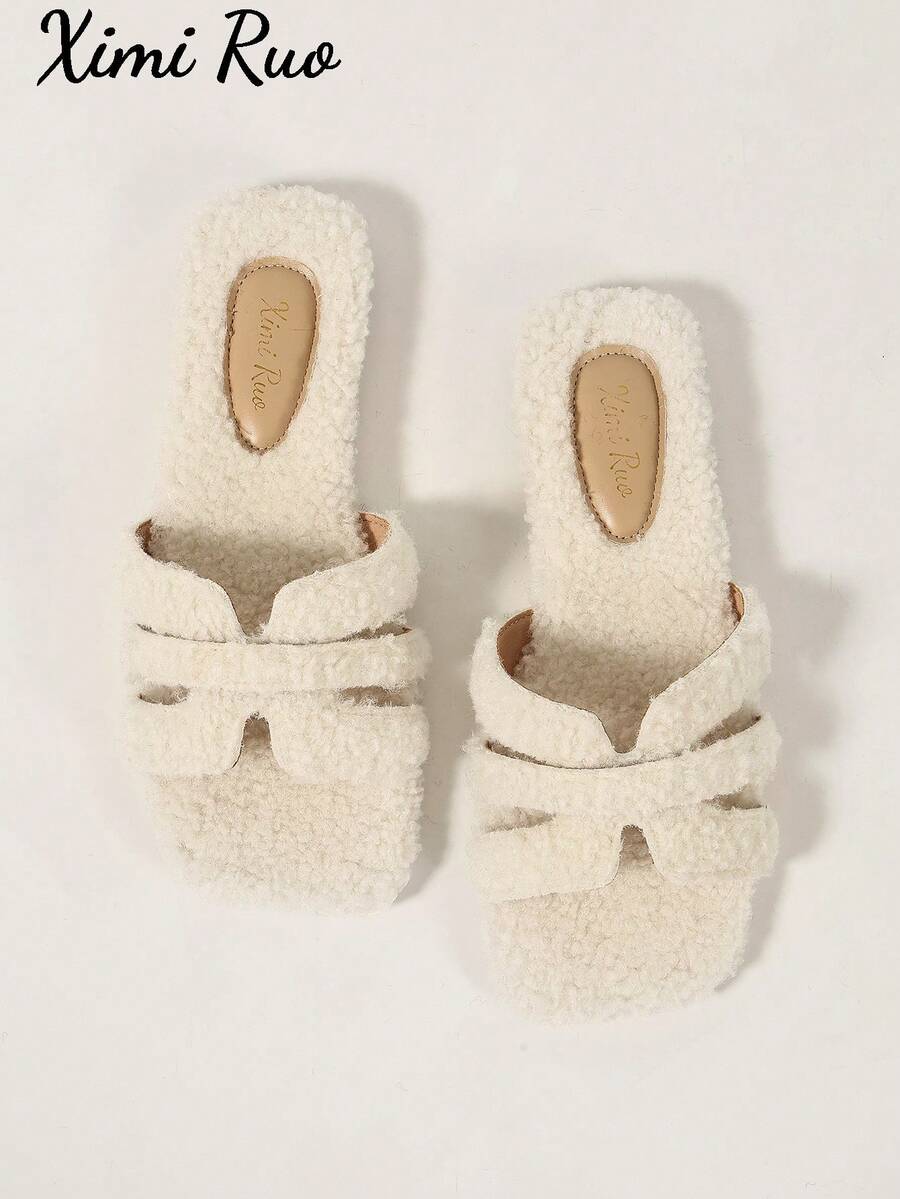 Ximi Ruo Women's Solid Color Flat Fuzzy Slippers, Casual Vacation Beach Home Slippers, Outdoor Wear, Autumn/Winter Warm Slippers, Simple Fashion Fuzzy Slippers, Slouchy Slip-On Women's Shoes, Soft Fuzzy Lining, Daily Commute Outfit, Indoor Home Outdoor Street Wear, Versatile Soft Lightweight Women's Slippers, Autumn/Winter Warm Gentle Style Women's Slippers, Comfortable Flat Casual Travel Outfit Shoes, Slouchy Home Outdoor Dual-Use Fleece Slippers - Beige - View 1