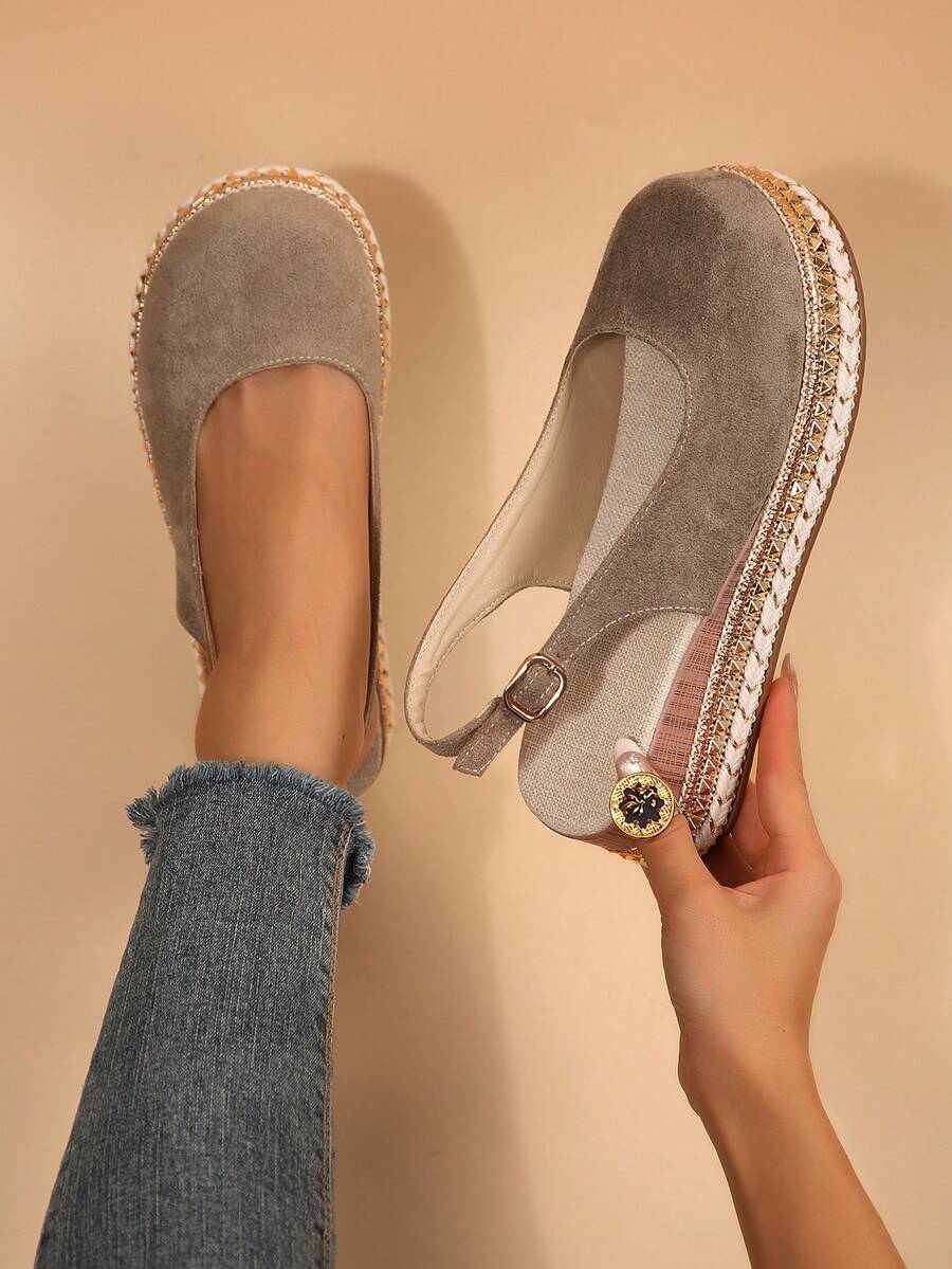 波希米亞風女款編織包頭涼鞋,復古鉚釘麻繩厚底後扣帶休閒沙灘鞋 - 卡其色 - 查看 1