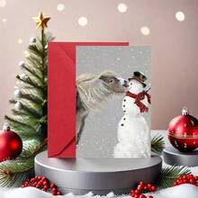 1 Greeting Card + 1 Envelope Adorable Winter Holiday Greeting Card Horse Kissing Snowman With Text Season Greetings For Friends Winter Festive Artistic Style Card - Red Envelope - View 1
