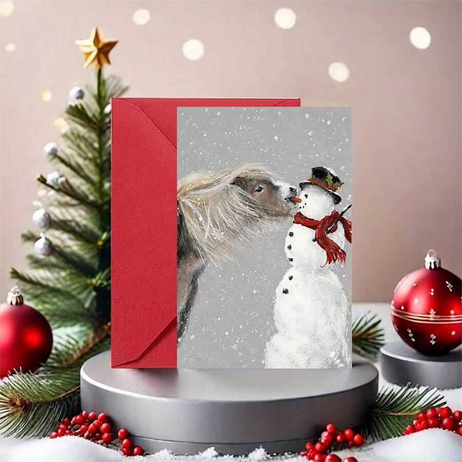 1 Greeting Card + 1 Envelope Adorable Winter Holiday Greeting Card Horse Kissing Snowman With Text Season Greetings For Friends Winter Festive Artistic Style Card - Red Envelope - View 1