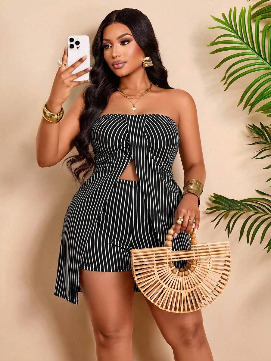 BIUBIU Women's Plus Size Strapless Striped 2 Pieces Short Set, Slit Design, Slim Fit Elegant - Black - View 1