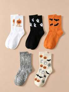 5 Pairs Women's Multi-Color Halloween Series Mid-Calf Socks, Pumpkin, Ghost, Bat, Spider Web Knitted Soft Socks, Suitable For Party And Daily Wear, Essential Gift For Friends - Multicolor - View 8