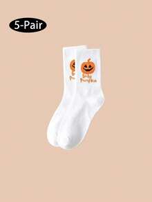 5 Pairs Women's Multi-Color Halloween Series Mid-Calf Socks, Pumpkin, Ghost, Bat, Spider Web Knitted Soft Socks, Suitable For Party And Daily Wear, Essential Gift For Friends - Multicolor - View 13
